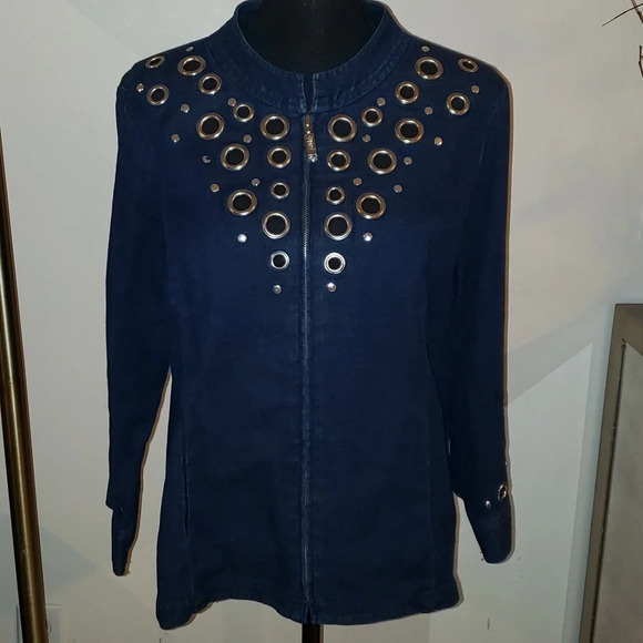 Bob Mackie Wearable Art Denim Blue Jean Jacket Zip Front size S - Picture 1 of 6